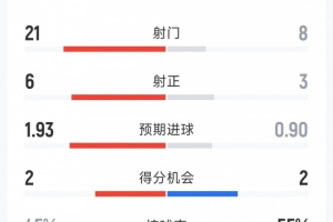 切爾西1-2桑德蘭全場數據：射門8-21，射正3-6，紅牌1-0
